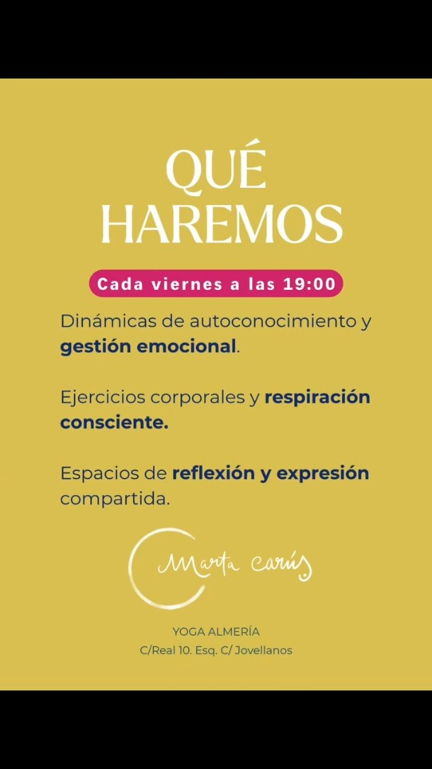 Con un gran entusiasmo te presento todo lo que haremos en las sesiones del grupo terapéutico.

Un espacio de BIENESTAR, CUIDADOS y SEGURIDAD con mayúsculas. En un lugar lleno de energía @yoga.almeria

Tú espacio para encontrar quién eres y brillar en plenitud.

Plazas limitadas 

Reserva ya la tuya.😊 Abierto el plazo de inscripción hasta el 10 de noviembre.

Para +info escríbeme por privado.

Te espero!!!!💜

#paradigmadeloscuidados #saludemocional #ciclicidad #saludintegral #mujeres #saludmujeres